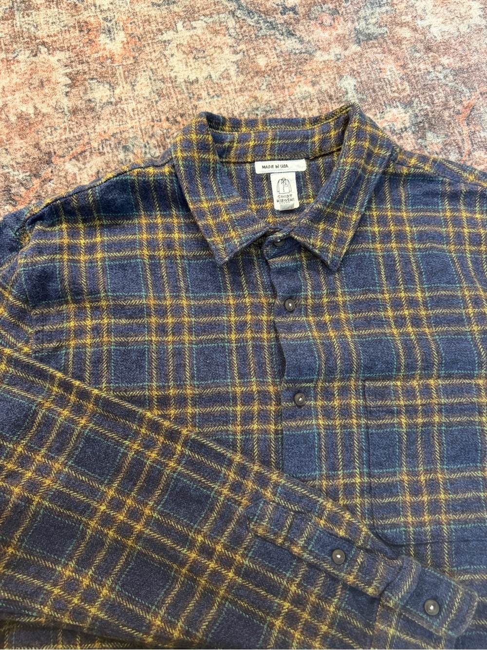 Shirt Hiroshi Kato Made in USA Men's XXL Blue/Yellow Plaid Flannel Button-Up